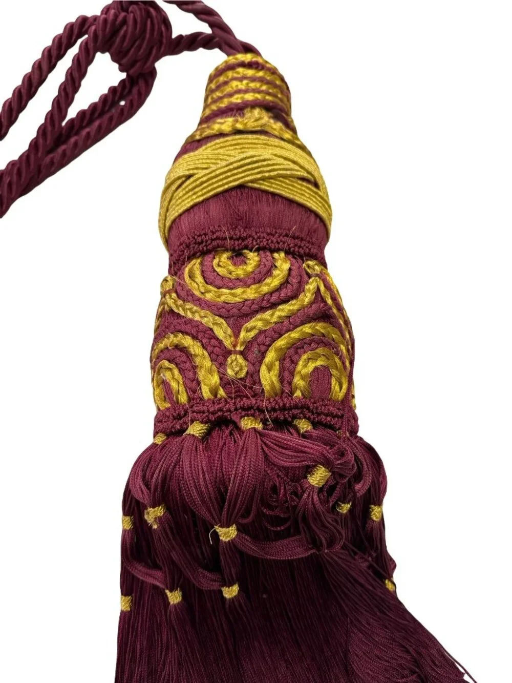 Vintage Extra Large Burgundy Gold Passementerie Curtain Tieback Tassel 45 Inch H